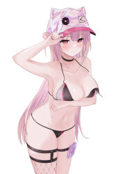 Rule 34 | 1girl, absurdres, animal ear headwear, animal ears, animal hat, arm up, armpits, bare shoulders, bikini, black bikini, black choker, blush, breasts, cat hat, choker, cleavage, closed mouth, collarbone, commentary request, covering breasts, covering privates, embarrassed, fake animal ears, fishnet thighhighs, fishnets, girls&#039; frontline, hat, highres, holster, large breasts, long hair, looking at viewer, navel, official alternate costume, pink hair, pink hat, red eyes, simple background, solo, swimsuit, thigh holster, thigh strap, thighhighs, ukm-2000 (girls&#039; frontline), ukm-2000 (soda tale) (girls&#039; frontline), untied bikini, vii22581034, wardrobe malfunction, white background