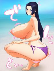 Rule 34 | 1girl, arahark, ass, black hair, blue eyes, boa hancock, breasts, female focus, highres, huge breasts, japanese text, long hair, nipples, one piece, smile, source request, swimsuit, text focus, translation request