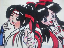 Rule 34 | 2girls, ainu clothes, black eyes, black hair, breasts, fingerless gloves, gloves, grey eyes, hair ribbon, headband, highres, holding hands, japanese clothes, large breasts, long hair, looking at viewer, medium breasts, multiple girls, nakoruru, one eye closed, open mouth, ponytail, ribbon, ryuuko no ken, samurai spirits, smile, snk, the king of fighters, todoh kasumi, traditional media, w, wink