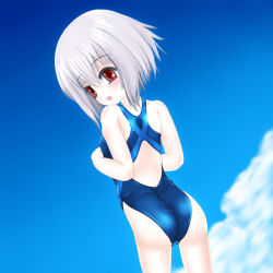 Rule 34 | ass, character request, competition swimsuit, from behind, looking back, one-piece swimsuit, red eyes, short hair, solo, swimsuit, white hair, zutsu