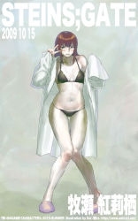 Rule 34 | 1girl, blush, breasts, brown hair, closed mouth, commentary request, copyright name, daichan mona, highres, knees together feet apart, lab coat, long hair, makise kurisu, simple background, slippers, solo, steins;gate, swimsuit, v