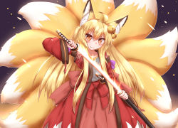 Rule 34 | 1girl, :3, ahoge, animal ear fluff, animal ears, arm up, back bow, bell, blonde hair, blush, bow, closed mouth, embers, fang, fang out, flaming weapon, flat chest, fox ears, fox girl, fox tail, grey shirt, hair bell, hair between eyes, hair ornament, hakama, haori, happy, highres, holding, holding sword, holding weapon, horokusa (korai), japanese clothes, jingle bell, katana, kitsune, korai (horokusa), kyuubi, long hair, long sleeves, looking at viewer, multiple tails, open clothes, orange eyes, original, purple background, red hakama, sheath, shirt, sidelocks, simple background, smile, solo, standing, sword, tail, unsheathing, very long hair, weapon, wide sleeves