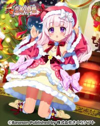 Rule 34 | 1girl, armpits, arms up, blush, boots, bucchake (asami), candle, character request, christmas, christmas tree, detached sleeves, dress, fire, fireplace, hand on headwear, hat, kentei, knee boots, kneeling, koihime musou, long hair, open mouth, pink eyes, pink hair, santa hat, shin koihime musou, snow, solo, strapless, strapless dress, window