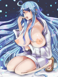 Rule 34 | 1girl, barefoot, blue eyes, blue hair, breast hold, breasts, breasts out, earrings, female focus, highres, huge breasts, jewelry, kneeling, legs, long hair, matching hair/eyes, night, nipples, no bra, open clothes, puffy nipples, sandals, snow, snowing, solo, tongue, very long hair, yac (mokkori)