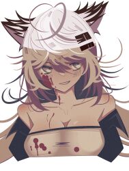 Rule 34 | 1girl, 961 kku, animal ear fluff, animal ears, antenna hair, arknights, bandeau, bare shoulders, black hair, black jacket, blood, blood on breasts, blood on clothes, blood on face, blood stain, blush, breasts, cleavage, collarbone, colored inner hair, commentary, cropped torso, facing viewer, fang, film grain, grey eyes, grey hair, grin, hair between eyes, hair ornament, hairclip, highres, jacket, lappland (arknights), looking afar, looking to the side, medium breasts, messy hair, multicolored hair, muted color, off shoulder, open clothes, open jacket, parted lips, scar, scar across eye, scar on face, shade, shadow, simple background, smile, solo, standing, symbol-only commentary, teeth, two-tone hair, upper body, variant set, white background, white bandeau, wolf ears, wolf girl