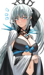 Rule 34 | 1girl, black bow, black dress, blue eyes, bow, braid, breasts, center opening, cleavage, dress, fate/grand order, fate (series), french braid, grey hair, hair bow, highres, horn/wood, large breasts, long hair, long sleeves, looking at viewer, morgan le fay (fate), ponytail, sidelocks, solo, spikes, tiara, two-tone dress, very long hair, white dress, wide sleeves