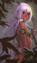 Rule 34 | 1girl, absurdres, armlet, bikini, crystal, dark-skinned female, dark skin, elsevilla, forest, highres, horns, leaf, leaf on head, lips, lipstick, long hair, looking at viewer, looking back, makeup, nail polish, nature, object on head, original, pink hair, red eyes, signature, solo, squirrel, swimsuit, weapon