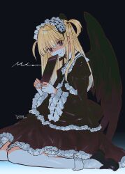 Rule 34 | 1girl, amane misa, black background, black dress, black eyes, black footwear, black hair, black wings, blonde hair, book, chin strap, death note, death note (object), dress, feathered wings, frilled sleeves, frills, gothic lolita, hairband, highres, holding, holding book, juliet sleeves, lolita fashion, lolita hairband, long hair, long sleeves, puffy sleeves, ribbon-trimmed sleeves, ribbon trim, shoes, sitting, socks, solo, two side up, very long hair, wariza, white socks, wide sleeves, wings, xxxxgom