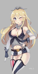 Rule 34 | 10s, 1girl, american flag legwear, bad id, bad pixiv id, belt, blonde hair, blue eyes, breasts, cleavage, elbow gloves, fingerless gloves, front-tie top, garter straps, gloves, grey background, highres, iowa (kancolle), kantai collection, large breasts, long hair, mahou kyuuri, miniskirt, navel, one eye closed, simple background, skirt, solo, standing, star-shaped pupils, star (symbol), striped clothes, striped skirt, striped thighhighs, symbol-shaped pupils, thighhighs, tongue, tongue out, vertical-striped clothes, vertical-striped skirt, vertical-striped thighhighs