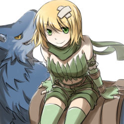 Rule 34 | 1girl, belt, blonde hair, breasts, brown belt, cleavage, closed mouth, commentary request, cowboy shot, crossed bandaids, fingerless gloves, gloves, green eyes, green gloves, green scarf, green shorts, green thighhighs, green tube top, looking at viewer, medium breasts, midriff, natsuya (kuttuki), navel, ragnarok online, ranger (ragnarok online), riding, saddle, scarf, short hair, shorts, simple background, sitting, smile, solo, strapless, thighhighs, tube top, white background, wolf