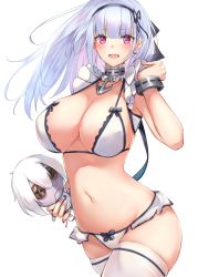 Rule 34 | 1girl, :d, absurdres, anchor choker, azur lane, bad id, bad pixiv id, bikini, black hairband, blush, bracelet, breasts, button eyes, buttons, character doll, choker, cleavage, collarbone, commentary request, cowboy shot, dido (azur lane), doll, earrings, floating hair, frilled choker, frills, groin, hair ribbon, hairband, hand up, heart, heart earrings, highres, holding, holding doll, jewelry, large breasts, long hair, looking at viewer, midriff, navel, open mouth, pink eyes, revision, ribbon, ruwoka, sidelocks, silver hair, simple background, sirius (azur lane), skindentation, smile, solo, standing, swimsuit, thighhighs, white background, white bikini, white thighhighs