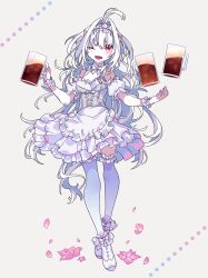 Rule 34 | 1girl, absurdres, ahoge, alcohol, beer, beer mug, breasts, cup, fate/grand order, fate (series), flower, highres, kujiramaru, lady avalon (event portrait) (fate), lady avalon (fate), long hair, maid, medium breasts, merlin (fate/prototype), mug, one eye closed, open mouth, pink eyes, pink flower, simple background, thighhighs, white hair, white thighhighs