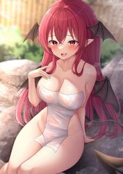 Rule 34 | 1girl, :d, arm support, bat wings, blurry, blurry background, blush, breasts, cleavage, collarbone, commentary, demon tail, fang, from above, groin, hand on own chest, hand up, head wings, highres, koakuma, large breasts, long hair, looking at viewer, multiple wings, naked towel, onsen, open mouth, pink eyes, pointy ears, red eyes, red hair, reijing etrn, sitting, smile, solo, tail, touhou, towel, very long hair, wings