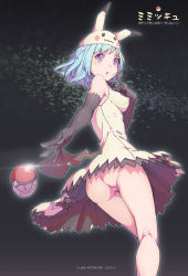 Rule 34 | 1girl, animal hat, ass, bare shoulders, black gloves, blue hair, breasts, cloba (daeniel811015), creatures (company), dress, elbow gloves, finger to cheek, game freak, gen 7 pokemon, gloves, hat, highres, impossible clothes, impossible dress, kneepits, looking at viewer, looking back, medium breasts, mimikyu, nintendo, no panties, personification, pikachu tail, poke ball, pokemon, pokemon tail, purple eyes, pussy, pussy peek, short hair, solo, tail