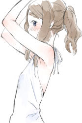Rule 34 | 1girl, armpits, arms up, bare shoulders, blue eyes, blush, brown hair, chibikko (morihito), eyebrows, flat chest, morihito, original, ponytail, profile, sidelocks, simple background, solo, white background