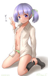 Rule 34 | 1girl, black socks, breasts, collared shirt, commentary request, dress shirt, green panties, kantai collection, kneeling, long sleeves, looking at viewer, one-hour drawing challenge, ooshio (kancolle), ooshio kai ni (kancolle), panties, purple eyes, purple hair, ray.s, shirt, short hair, simple background, small breasts, socks, solo, twintails, underwear, white background, white shirt