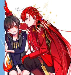Rule 34 | 1boy, 1girl, alternate costume, black pants, blush, braid, brother and sister, fate/grand order, fate (series), fiery hair, gloves, hair ornament, highres, long hair, long sleeves, oda nobunaga (fate), pants, red eyes, red hair, red shirt, shirt, siblings, side braid, simple background, sparkle, trap, twitter username, very long hair, white background, yui (tamagohan)
