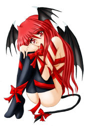 Rule 34 | 1girl, ass, embodiment of scarlet devil, female focus, full body, head wings, koakuma, md5 mismatch, mouth hold, naked ribbon, resolution mismatch, ribbon, simple background, sitting, solo, source smaller, tail, thighhighs, touhou, white background, wings