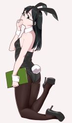 Rule 34 | 10s, 1girl, alternate costume, animal ears, black hair, black leotard, blue eyes, brown pantyhose, detached collar, fake animal ears, from behind, full body, glasses, hand on own chin, kantai collection, kneeling, leotard, long hair, looking back, notebook, ojipon, ooyodo (kancolle), pantyhose, playboy bunny, rabbit ears, rabbit tail, semi-rimless eyewear, simple background, solo, strapless, strapless leotard, tail, under-rim eyewear, white background, wrist cuffs