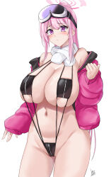 1girl black_slingshot_swimsuit blue_archive blush breasts commentary_request eimi_(blue_archive) goggles goggles_on_head halo highres huge_breasts ibara_azuki jacket looking_at_viewer navel open_clothes open_jacket pink_hair pink_halo purple_eyes scarf simple_background slingshot_swimsuit solo swimsuit white_background white_scarf