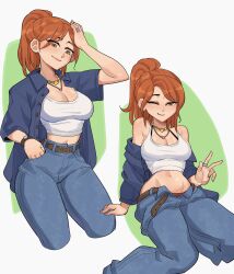 Rule 34 | absurdres, belt, blue shirt, brown hair, denim, highres, hyyun ho, jeans, jewelry, midriff, mullet, navel, one eye closed, open clothes, open pants, open shirt, original, panties, pants, ponytail, ring, shirt, smile, tank top, underwear, v, watch, white tank top