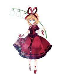 Rule 34 | 1girl, arm ribbon, bad id, bad twitter id, blonde hair, blue eyes, flower, full body, hair ornament, hair ribbon, lily of the valley, looking at viewer, medicine melancholy, nr (cmnrr), puffy sleeves, ribbon, shirt, shoes, short hair, short sleeves, simple background, skirt, skirt hold, solo, star (symbol), touhou, white background, wrist ribbon