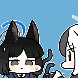 Rule 34 | 2girls, :&lt;, animal ears, black eyes, black hair, blue archive, blue background, blue halo, cat ears, cat tail, closed mouth, grey halo, halo, haori, japanese clothes, jazz jack, kayoko (blue archive), kikyou (blue archive), lowres, multicolored hair, multiple girls, multiple tails, red eyes, short hair, simple background, tail, two tails, white hair