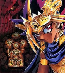 Rule 34 | 1boy, armlet, atem, black hair, blonde hair, bright pupils, cape, circlet, closed mouth, dark skin, dark-skinned male, ear piercing, earrings, egyptian, highres, jewelry, leaning forward, looking to the side, male focus, millennium key, millennium puzzle, millennium ring, millennium rod, millennium scale, multicolored hair, official art, piercing, purple eyes, spiked hair, yu-gi-oh!, yu-gi-oh! duel monsters