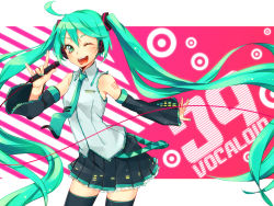 Rule 34 | 1girl, 39, ;d, \m/, aqua eyes, bare shoulders, detached sleeves, hatsune miku, holding, long hair, microphone, necktie, one eye closed, open mouth, sasetsu, skirt, smile, solo, thighhighs, twintails, very long hair, vocaloid, wink