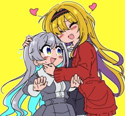 2girls, bangs, black skirt, blonde hair, blouse, blue eyes, blush stickers, breasts, cardigan, collared shirt, commentary request, dot nose, earrings, eyebrows visible through hair, eyes closed, fang, flying sweatdrops, grey hair, grey shirt, grey skirt, hairband, hands on another&#039;s head, height difference, hisakawa hayate, hug, idolmaster, idolmaster cinderella girls, jewelry, kurosaki chitose, long hair, long sleeves, multiple girls, o botsu4, open clothes, open mouth, red cardigan, sailor collar, school uniform, shirt, sidelocks, skirt, surprised, sweat, white sailor collar, wrist cuffs, yellow background