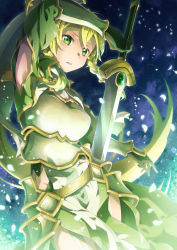 Rule 34 | 1girl, absurdres, armor, armored dress, armpit cutout, armpits, blonde hair, breastplate, clothing cutout, faulds, floating hair, gloves, green eyes, green gloves, hair between eyes, highres, holding, holding sword, holding weapon, leafa, leafa (terraria), long hair, oboro neko, open mouth, ponytail, solo, sword, sword art online, sword art online: alicization, sword art online: alicization - war of underworld, very long hair, weapon