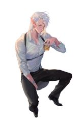 Rule 34 | 1boy, alcohol, black footwear, black nails, black pants, brown eyes, chest hair, collarbone, collared shirt, commentary request, cup, dress shirt, drink, drinking glass, facial mark, forehead mark, highres, holding, holding drink, inuyasha, long hair, long sleeves, looking at viewer, male focus, mmmilk, nail polish, pants, pointy ears, sesshoumaru, shirt, simple background, solo, whisker markings, whiskey, white background, white hair, white shirt