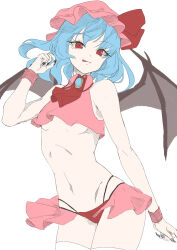 Rule 34 | 0002koko, 1girl, absurdres, ascot, bat wings, black nails, blue hair, breasts, brooch, cowboy shot, crop top, fingernails, hat, highres, jewelry, mob cap, pink hat, red ascot, red eyes, remilia scarlet, sharp fingernails, simple background, small breasts, solo, thighhighs, tongue, tongue out, touhou, white background, white thighhighs, wings