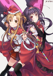 Rule 34 | 10s, 2girls, accel world, antennae, arm up, asuna (sao), bad id, bad pixiv id, black gloves, black hair, black legwear, bow, brown eyes, brown hair, candy, candy cane, cape, capelet, christmas, creator connection, dress, elbow gloves, food, frills, gloves, hairband, hat, highres, index finger raised, kuroyukihime, long hair, looking at viewer, merry christmas, multiple girls, red eyes, santa costume, santa hat, skirt, smile, sora 72-iro, sword art online, thighhighs, v