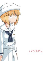 Rule 34 | 1girl, alternate costume, back cover, blonde hair, blouse, blue neckerchief, blunt bangs, closed mouth, commentary request, constricted pupils, cover, cutlass (girls und panzer), dixie cup hat, frown, girls und panzer, glaring, hat, highres, kitayama miuki, long sleeves, looking at viewer, military hat, miniskirt, neckerchief, ooarai naval school uniform, pleated skirt, sailor, sailor collar, school uniform, shirt, short hair, simple background, skirt, solo, standing, sweatdrop, v-shaped eyebrows, white background, white shirt, yellow eyes