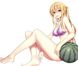 Rule 34 | 1girl, :p, barefoot, bikini, blonde hair, breasts, commentary request, covered erect nipples, food, fruit, hair between eyes, knees together feet apart, large breasts, lieselotte sherlock, long hair, looking at viewer, nao akinari, purple bikini, purple eyes, sideboob, sitting, smile, solo, swimsuit, thighs, tongue, tongue out, trinity seven, twintails, very long hair, watermelon