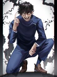 Rule 34 | 1boy, black hair, blue jacket, blue pants, brown footwear, buttons, crazy smile, full body, fushiguro megumi, green eyes, hair between eyes, highres, jacket, jujutsu kaisen, jujutsu tech uniform, looking at viewer, male focus, on one knee, open mouth, pants, pillarboxed, shoes, smile, solo, teeth, tune oekk, two-tone background, v-shaped eyebrows, white background