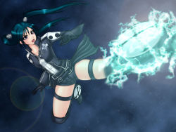 Rule 34 | 1girl, belt, black hair, boots, d.gray-man, gloves, hamu agaki, kicking, lenalee lee, long hair, purple eyes, shorts, simple background, solo, thigh strap, twintails, zipper