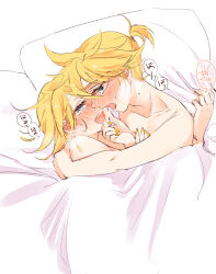 Rule 34 | 1boy, 1girl, bare arms, bare shoulders, bed sheet, blonde hair, blue eyes, blush, collarbone, face-to-face, full-face blush, grabbing another&#039;s chin, hand on another&#039;s back, hand on another&#039;s chin, heavy breathing, highres, hug, imminent kiss, implied sex, kagamine len, kagamine rin, messy hair, mimi mine, naked sheet, pillow, pillow grab, short ponytail, spiked hair, sweat, under covers, vocaloid, yellow nails