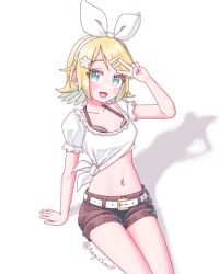 Rule 34 | 1girl, aegissanp, aqua eyes, bare arms, bare legs, black shorts, colored eyelashes, blonde hair, bow, colored eyelashes, hair bow, hair ornament, hairclip, highres, kagamine rin, lace collar, lace sleeves, looking at viewer, midriff, navel, salute, shirt, short hair, shorts, solo, tied shirt, two-finger salute, v, v over eye, vocaloid, white shirt
