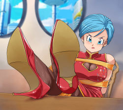 Rule 34 | 1girl, absurdres, arms behind back, bdsm, blue eyes, blue hair, blush, bondage, bound, bound ankles, bound arms, breast bondage, breasts, bulma, chinese clothes, cleavage, dragon ball, dragon ball super, earrings, high heels, highres, jewelry, lipstick, lost one zero, makeup, matching hair/eyes, medium breasts, pumps, red footwear, shoes, stiletto heels, tape, tape bondage