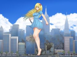 Rule 34 | &gt;:), 1girl, bare legs, barefoot, bartondh, blonde hair, blood, blue eyes, blue sky, blush, breasts, building, city, clenched hand, closed mouth, cloud, day, destruction, dress, flower, full body, giant, giantess, hair flower, hair ornament, holding, long hair, medium breasts, outdoors, road, scar, scar across eye, scar on face, short dress, short sleeves, sky, skyscraper, smile, standing, street, tsurime, v-shaped eyebrows