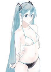 Rule 34 | 1girl, absurdres, arms behind back, bad id, bad pixiv id, bare legs, bare shoulders, bikini, bikini top only, black bikini, blue eyes, blue hair, breasts, cleavage, closed mouth, collarbone, cowboy shot, hair between eyes, hair ornament, hatsune miku, highres, long hair, looking at viewer, mismatched bikini, navel, potetoneko, sketch, small breasts, smile, solo, swimsuit, twintails, very long hair, vocaloid, white background, white bikini