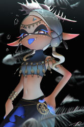 Rule 34 | + +, 1girl, absurdres, black background, black pants, blue tongue, bracelet, breasts, bubble, circlet, colored eyelashes, colored tongue, commentary request, crop top, dark-skinned female, dark skin, dot nose, earrings, fang, fish bone, frye (splatoon), gradient hair, grey hair, highres, inkling, jewelry, long pointy ears, medium breasts, multicolored hair, multiple bracelets, navel, nintendo, official alternate costume, orange pupils, pants, pointy ears, puchiman, seashell, shell, shell hair ornament, short hair, signature, simple background, sleeveless, solo, splatoon (series), splatoon 3, stomach, tongue, tongue out
