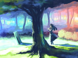 Rule 34 | 1girl, colorful, dress, flower, forest, grave, long hair, myu, nature, original, solo, tree