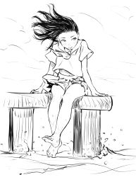 Rule 34 | 1girl, absurdres, arm support, bare legs, barefoot, blouse, bomhat, closed mouth, cloud, commentary, floating hair, greyscale, highres, long hair, monochrome, neckerchief, original, outdoors, sailor collar, school uniform, serafuku, shirt, short sleeves, sideways glance, simple background, sitting, skirt, solo, water, waves
