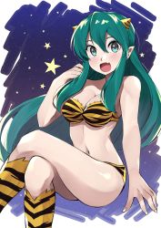 Rule 34 | 1girl, :d, absurdres, animal print, aqua hair, bandeau, bare arms, bare shoulders, blue eyes, breasts, cleavage, collarbone, cone horns, crossed legs, eyeshadow, fang, fingernails, hair between eyes, hand up, highres, horns, kameno sachi, long hair, looking at viewer, lum, makeup, medium breasts, midriff, navel, oni, open mouth, pointy ears, revision, sitting, smile, solo, star (symbol), thighs, tiger print, urusei yatsura, very long hair