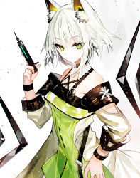Rule 34 | 1girl, animal ear fluff, animal ears, arknights, bare shoulders, breasts, commentary request, dress, green dress, green eyes, hair between eyes, hand on own hip, hand up, highres, holding, holding syringe, jacket, juexing (moemoe3345), kal&#039;tsit (arknights), long sleeves, medium breasts, off-shoulder jacket, off shoulder, solo, syringe, white hair, white jacket