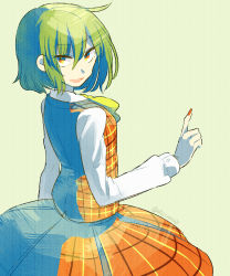 Rule 34 | 1girl, ascot, bad id, bad pixiv id, from behind, green background, green hair, highres, kazami yuuka, long sleeves, looking at viewer, looking back, looking up, nail polish, open mouth, plaid, plaid skirt, plaid vest, pointing, pointing up, red eyes, shirt, short hair, simple background, skirt, smile, solo, tamazusa mizume, touhou, twitter username, vest