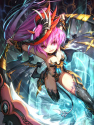 Rule 34 | 1girl, armpits, bad id, bad pixiv id, boots, bracer, breasts, collar, demon girl, demon tail, demon wings, dual wielding, floating hair, gloves, hair ornament, highleg, highres, holding, holding weapon, horns, jumping, leotard, long hair, low wings, observerz, original, outstretched arms, pink eyes, pink hair, signature, small breasts, smile, solo, spikes, strapless, strapless leotard, tail, thigh boots, thighhighs, very long hair, weapon, wings